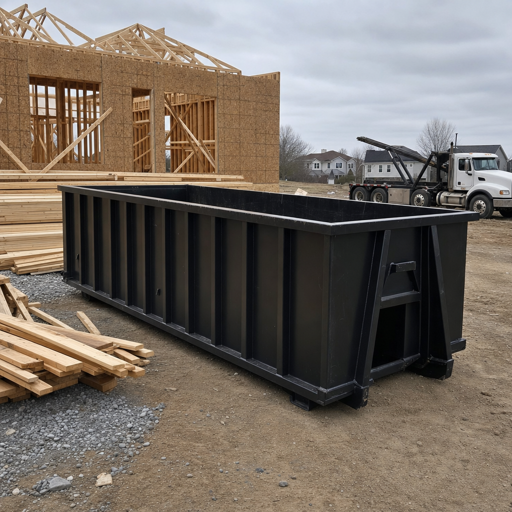 Matte-black 40-yard roll-off dumpster staged on a framed-out residential construction site in Bismarck, framing lumber stacked nearby, hooklift delivery truck visible in the background under bright Colorado daylight