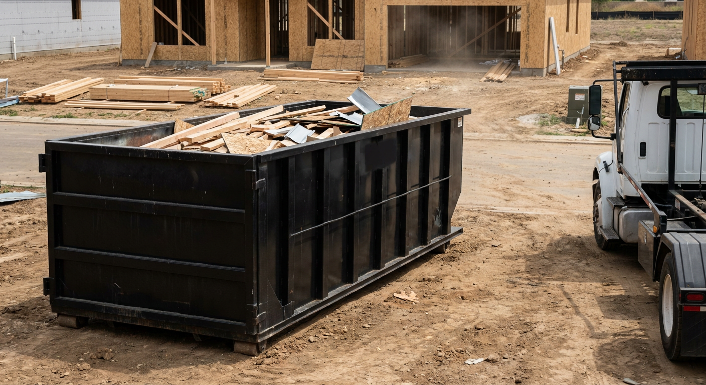 Matte-black 20-yard roll-off construction dumpster with heavy ribbed steel sidewalls and swing rear doors at a working jobsite in Bismarck, sitting directly on compacted dirt with an unmarked white hauler partially visible at the far edge of the frame.