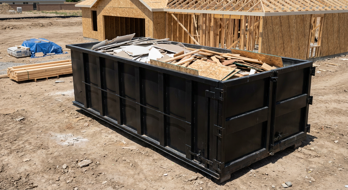Matte-black 30-yard roll-off construction dumpster sitting directly on the compacted-dirt site of a framed single-family home build in Bismarck, drywall and lumber scrap loaded inside.