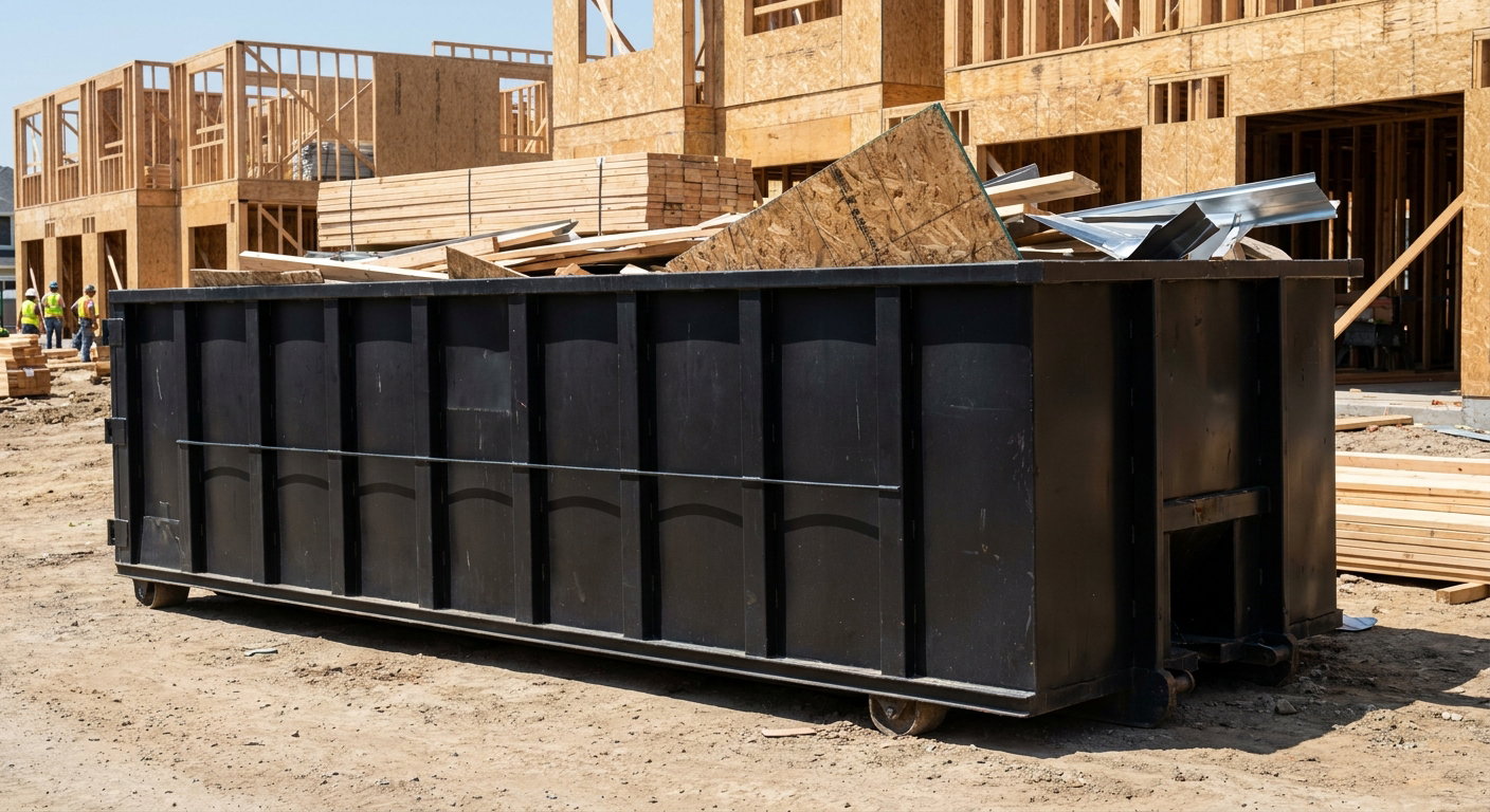 Matte-black 40-yard roll-off construction dumpster being lowered from a white-cab hooklift delivery truck onto the compacted-dirt jobsite at a commercial build site in Bismarck