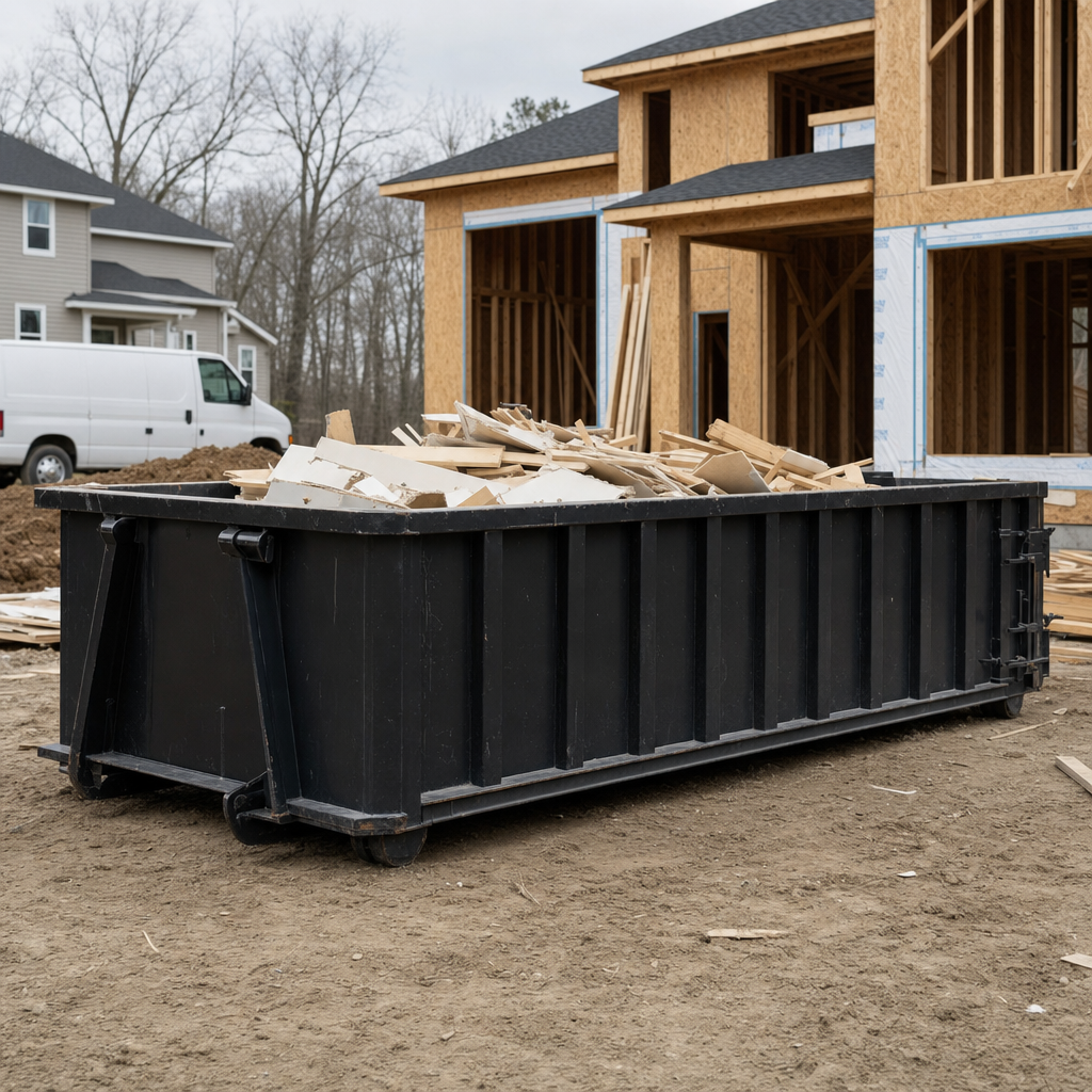 Worker in a yellow high-visibility vest tossing framing lumber and broken drywall into a matte-black 30-yard construction roll-off dumpster on an active build site in Bismarck, bright daylight