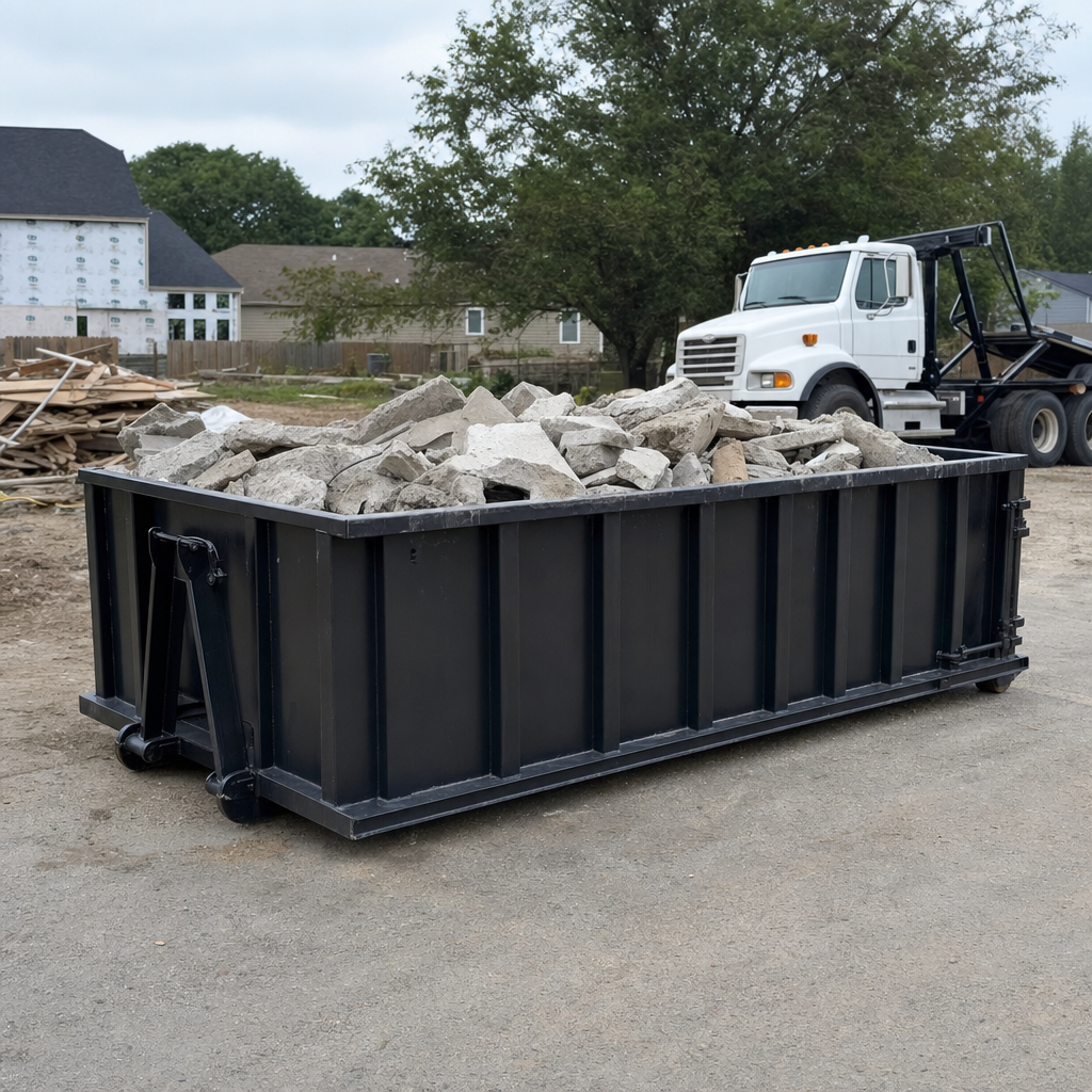 Low-profile matte-black lowboy roll-off dumpster loaded with broken concrete slab and rebar at a foundation tear-out in Bismarck, skid steer parked beside it, sunny Colorado morning