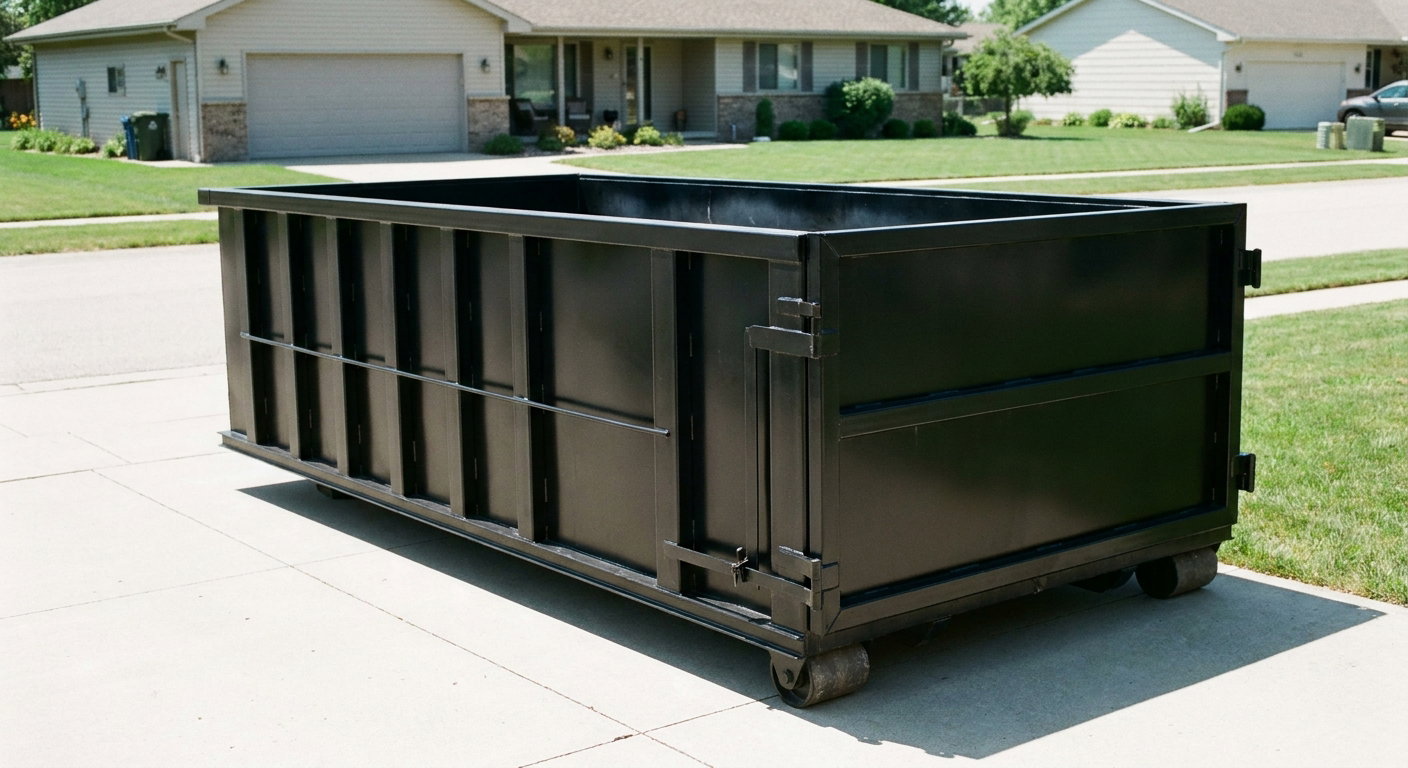 Matte-black 10-yard roll-off dumpster on a residential concrete driveway in Bismarck, uniformly painted matte black across every panel and rail, ribbed steel sidewalls and rear swing door visible, mid-day daylight.