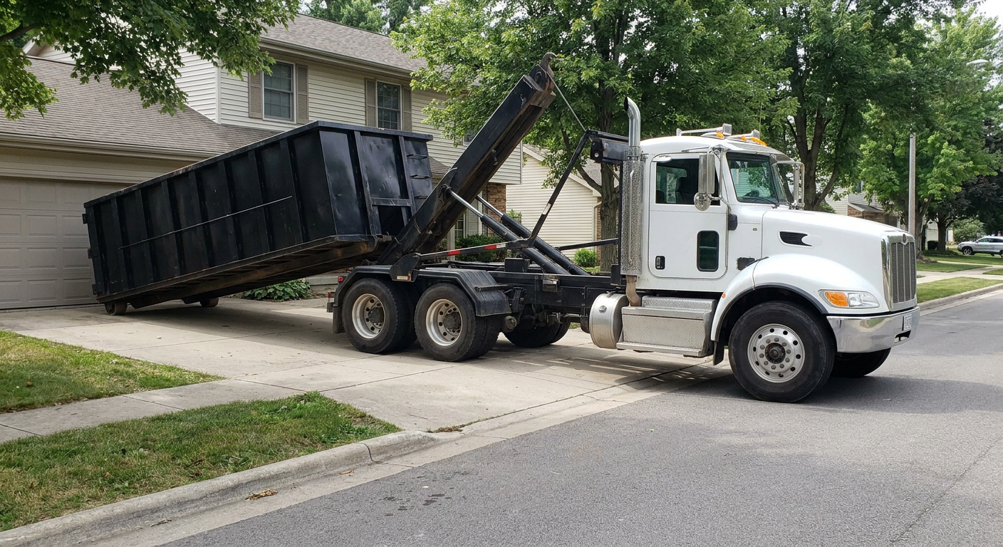 White-cab hooklift roll-off truck actively lowering a matte-black dumpster onto a Bismarck residential concrete driveway, the dumpster's rear wheels touching the driveway as the hoist arm tilts the bed forward, mid-morning daylight.