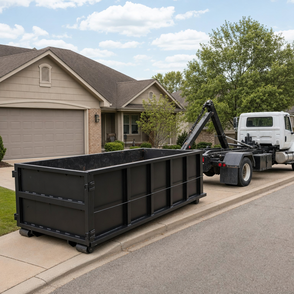 Wide documentary shot of a matte-black roll-off dumpster on a Bismarck residential driveway in the foreground and a contractor jobsite container in the soft-focus background, bright daylight, calm and orderly composition.