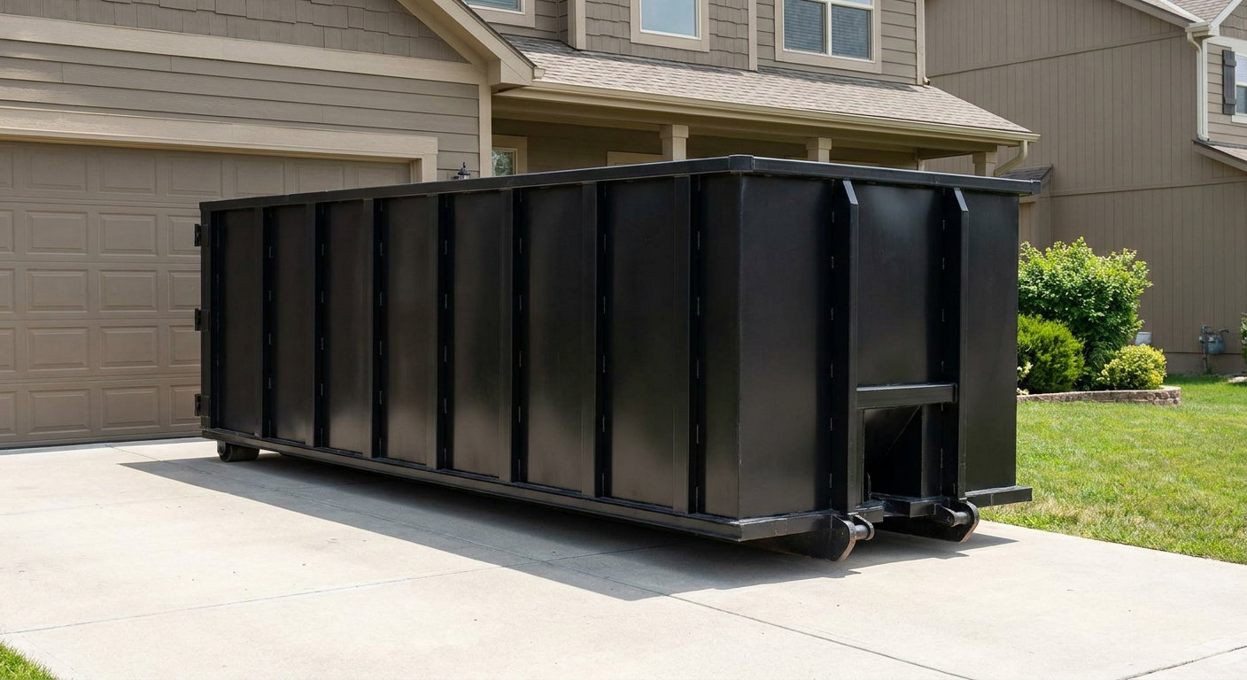 Matte-black residential roll-off dumpster sitting directly on a suburban Bismarck concrete driveway, garage door closed, single-family home in background, bright morning daylight.