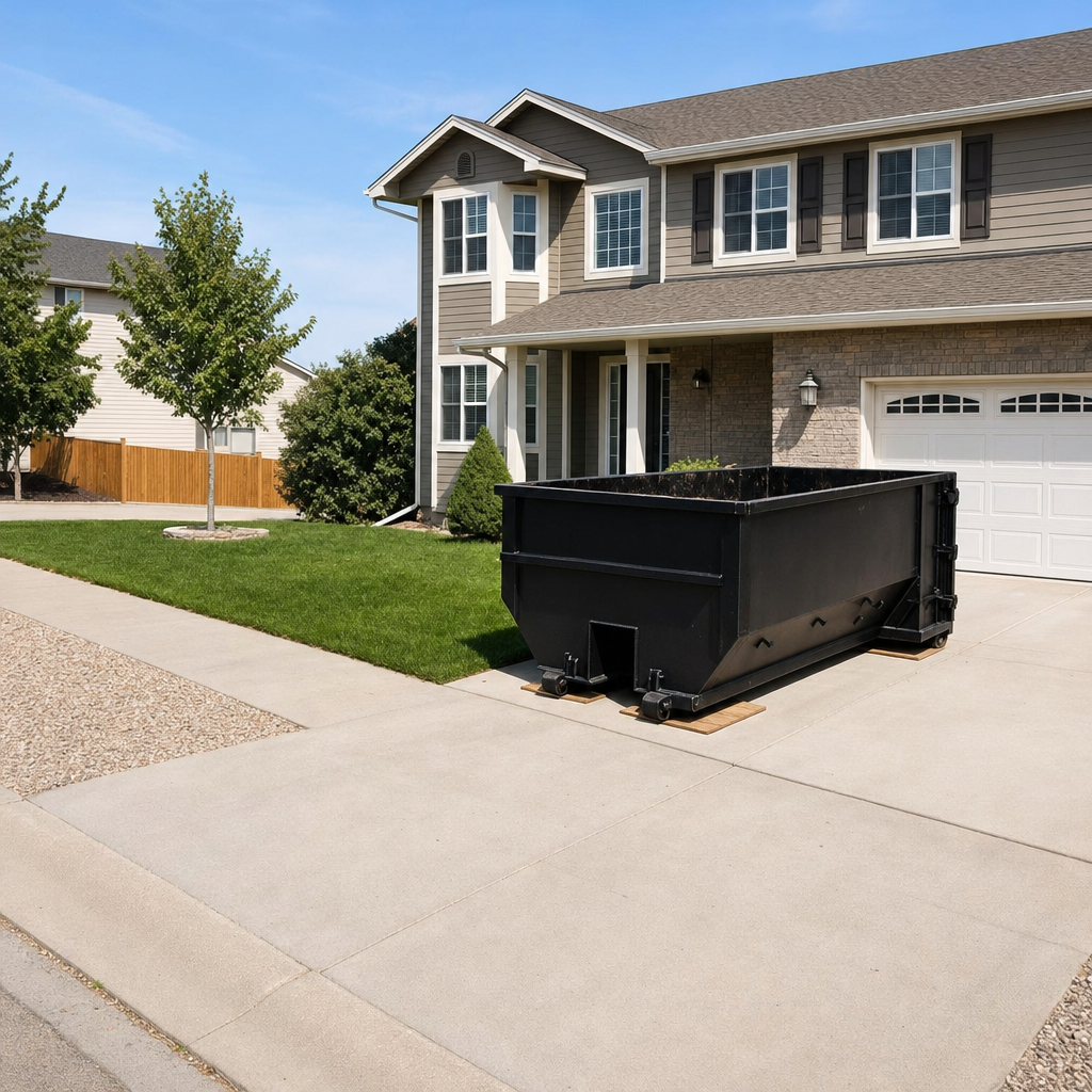 10-yard matte-black residential dumpster placed directly on a narrow Bismarck concrete driveway, room remains for a parked sedan beside it, mid-morning natural light