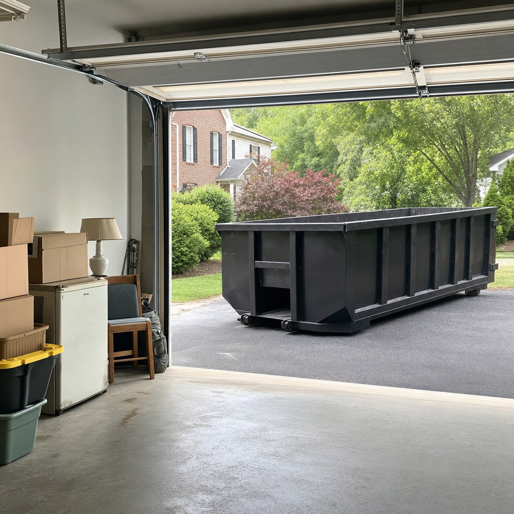 Open garage interior in a Bismarck home mid-cleanout — boxed items, an old appliance, and stacked yard tools queued near the driveway for a matte-black roll-off dumpster, organized and calm