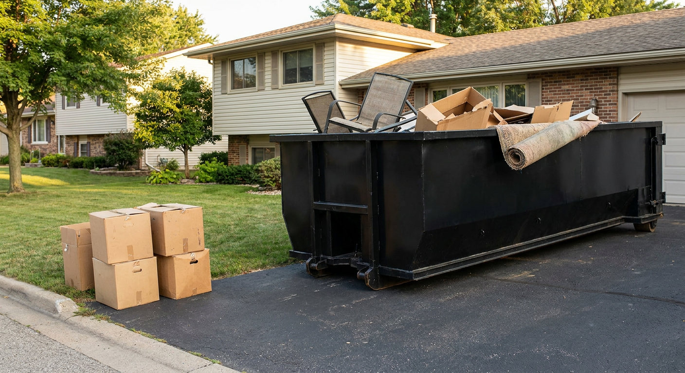 Front-yard view of a Bismarck split-level home with a 20-yard matte-black roll-off dumpster sitting directly on the asphalt driveway, a few clearly labeled donation boxes staged at the curb, calm sunny afternoon.