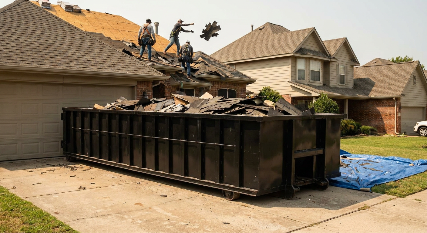 Matte-black roofing roll-off dumpster placed directly on a Bismarck residential concrete driveway, a tear-off crew on a two-story asphalt-shingle roof tossing shingle bundles into the low-walled container, bright daylight, documentary 35mm perspective.