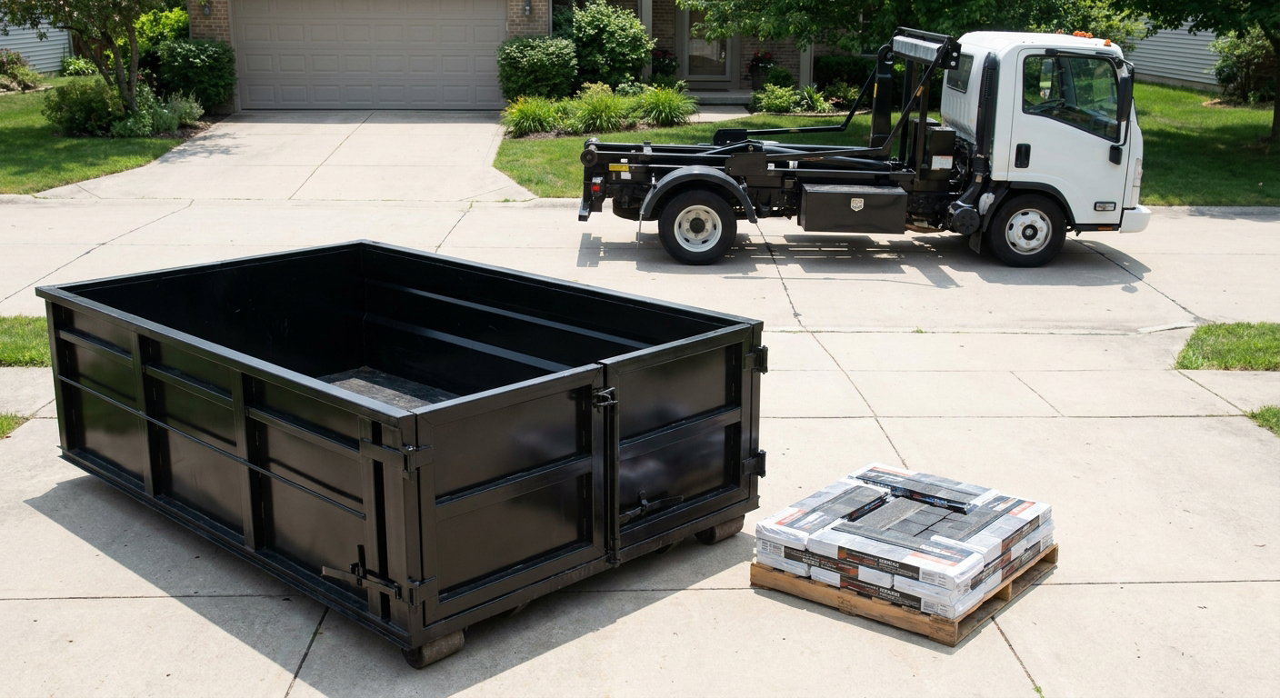 Matte-black 15-yard roofing roll-off dumpster with reinforced low side walls sitting directly on a Bismarck residential concrete driveway, three-tab asphalt shingle bundles stacked nearby, an unmarked white hauler truck partially visible at the edge of the frame.