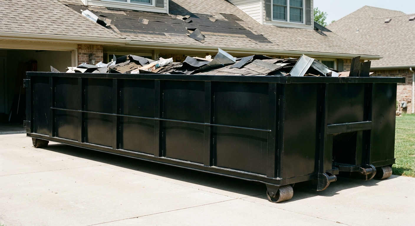 Matte-black 20-yard roofing roll-off dumpster with steel ribbed sides and swinging rear door, sitting directly on the concrete driveway of a two-story Bismarck home, asphalt shingle debris being loaded over the low wall, clean documentary lighting.