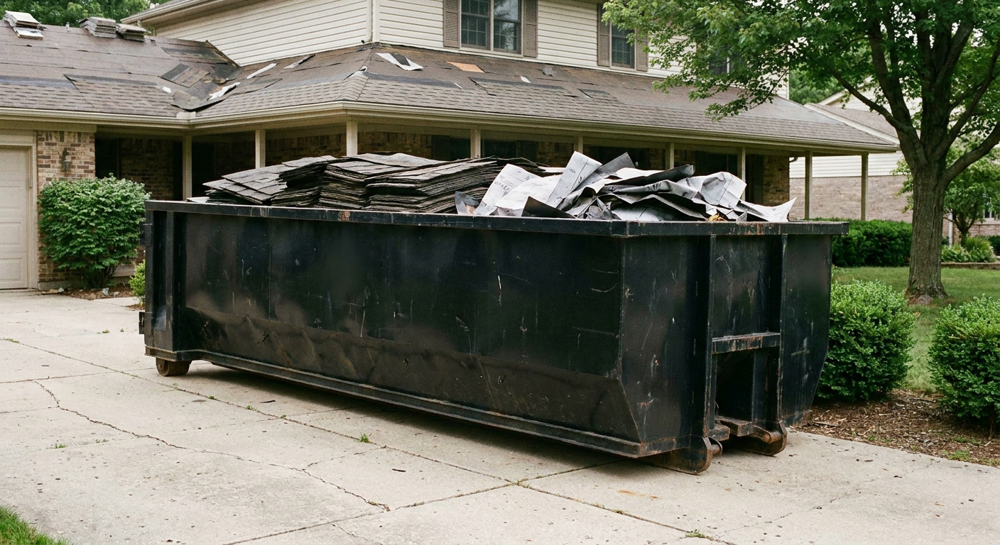 Matte-black 30-yard roofing roll-off dumpster sitting directly on a Bismarck concrete driveway, taller ribbed steel side panels, mixed tear-off debris of asphalt shingles and underlayment inside, professional documentary daylight.