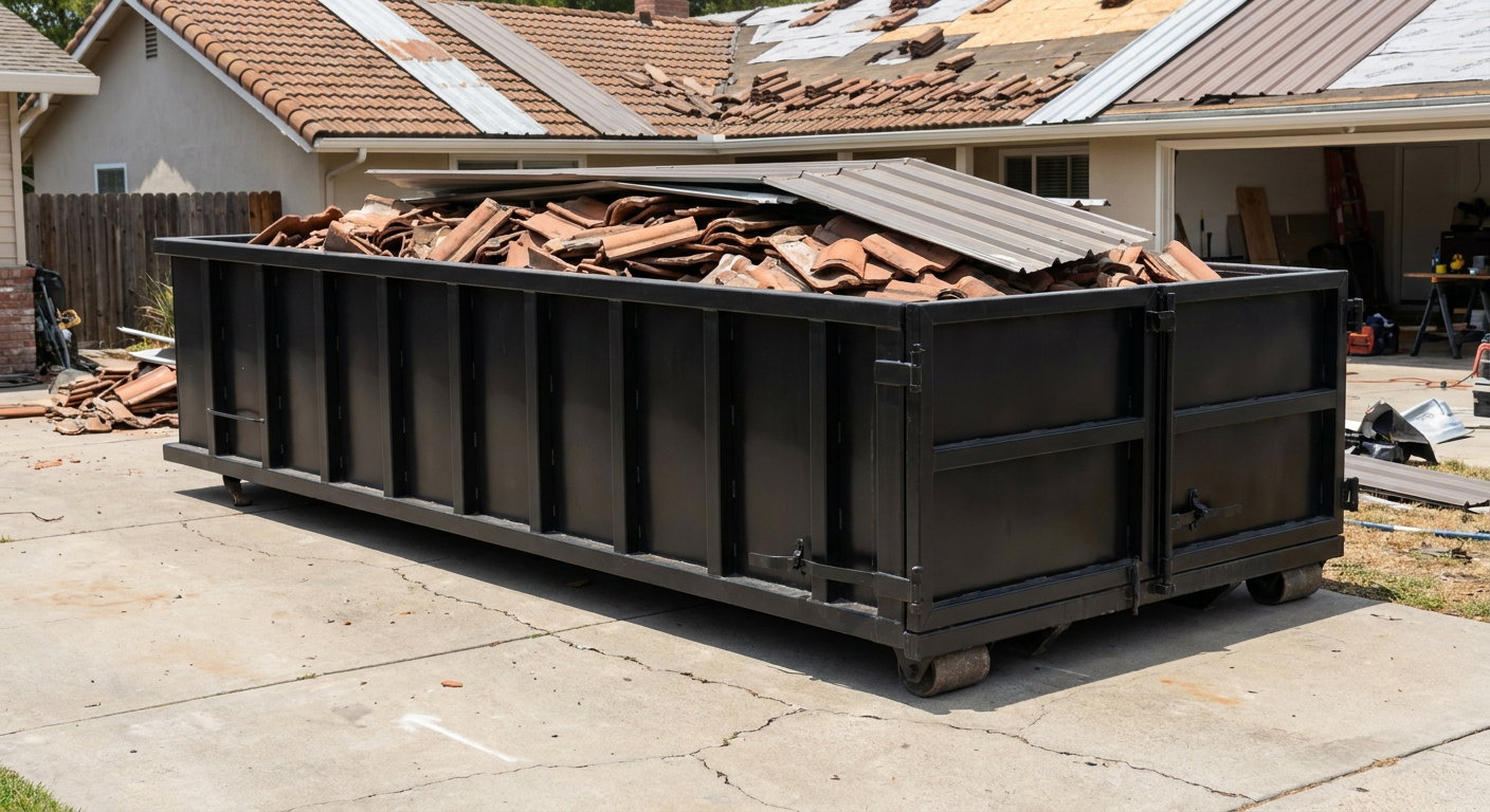 Matte-black low-wall heavy-debris roofing roll-off dumpster sitting directly on a Bismarck concrete driveway, broken concrete clay roof tiles and metal panel sections loaded inside, reinforced ribbed steel side walls visible, bright outdoor daylight.