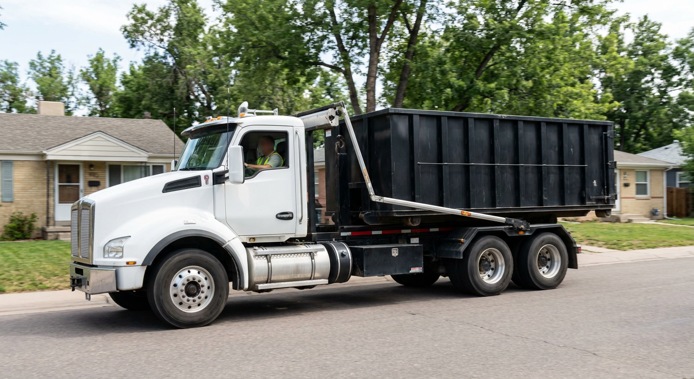 A wide documentary shot of a matte-black roll-off delivery truck pulling onto a quiet Bismarck residential street at mid-morning, with neighborhood rooftops and tree-lined blocks visible behind, showing the metro coverage footprint.