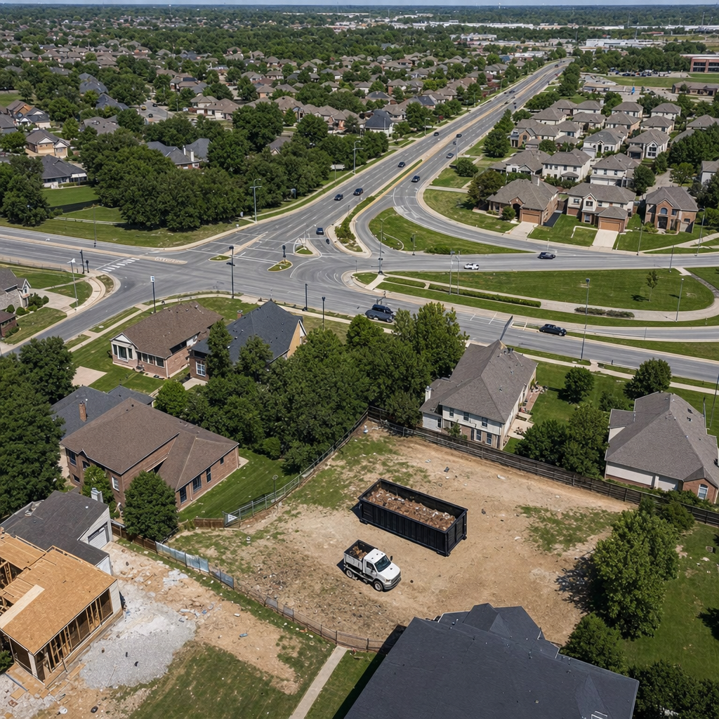 An overhead documentary view of the Bismarck metro area at midday, showing the spread of neighborhoods, arterial roads, and the dispatch radius from a central yard — clean daylight, organized geographic layout.