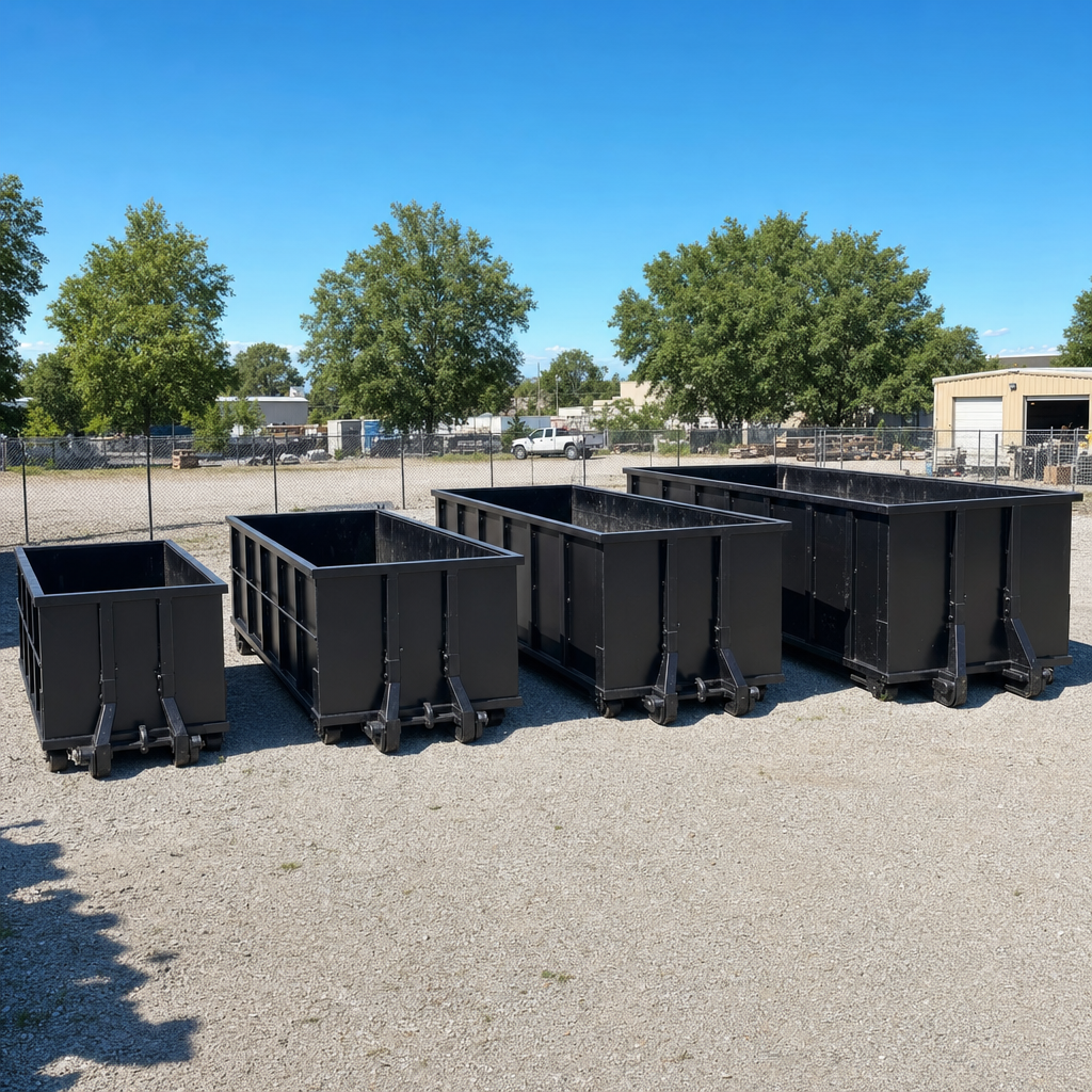 A clean lineup of matte-black roll-off dumpsters in 10, 20, 30, and 40-yard sizes staged on a sunlit gravel yard in Bismarck, showing the size progression from compact to commercial-scale containers.