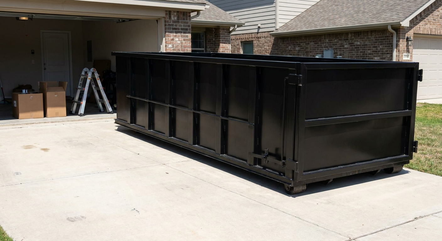 A matte-black 10-yard roll-off dumpster sitting directly on a residential Bismarck concrete driveway, mid-day sunlight, clean and ready for a garage cleanout.