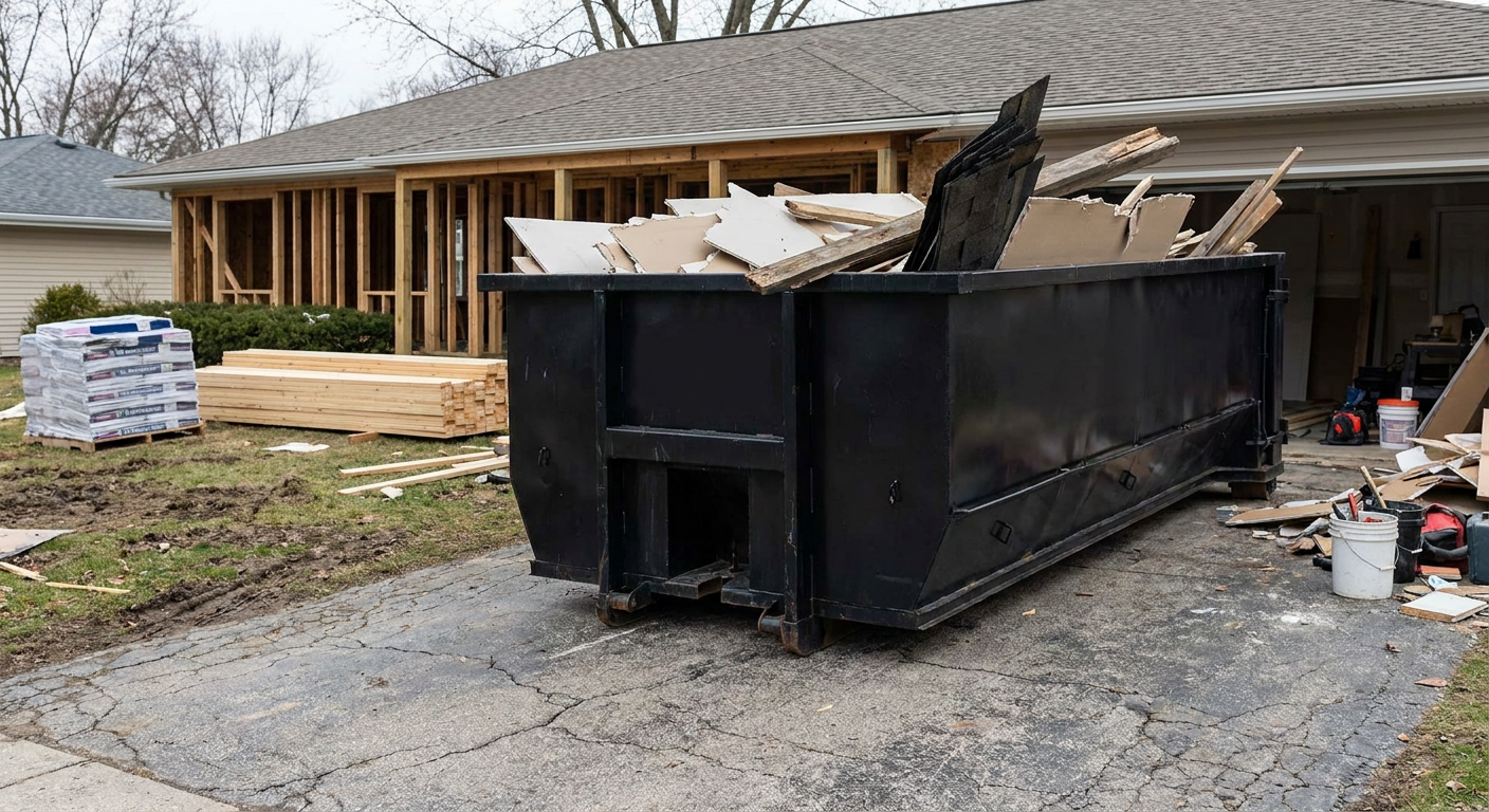A matte-black 20-yard roll-off dumpster placed alongside a mid-renovation Bismarck home directly on the asphalt driveway, with framing materials and torn-off shingles staged neatly nearby.