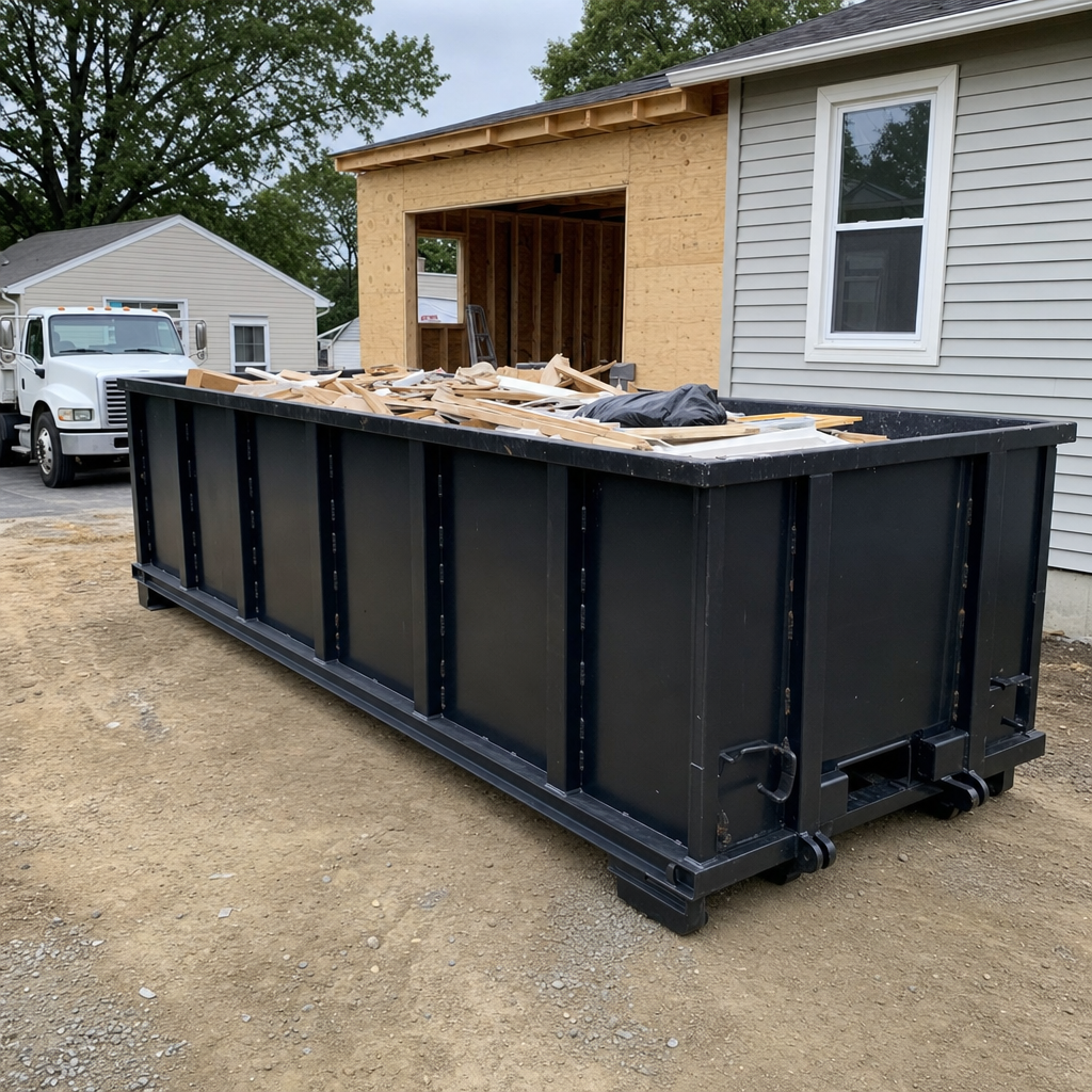 A matte-black 30-yard roll-off dumpster positioned at a Bismarck residential addition jobsite, with framing lumber and drywall scraps loaded through the open swinging rear doors.