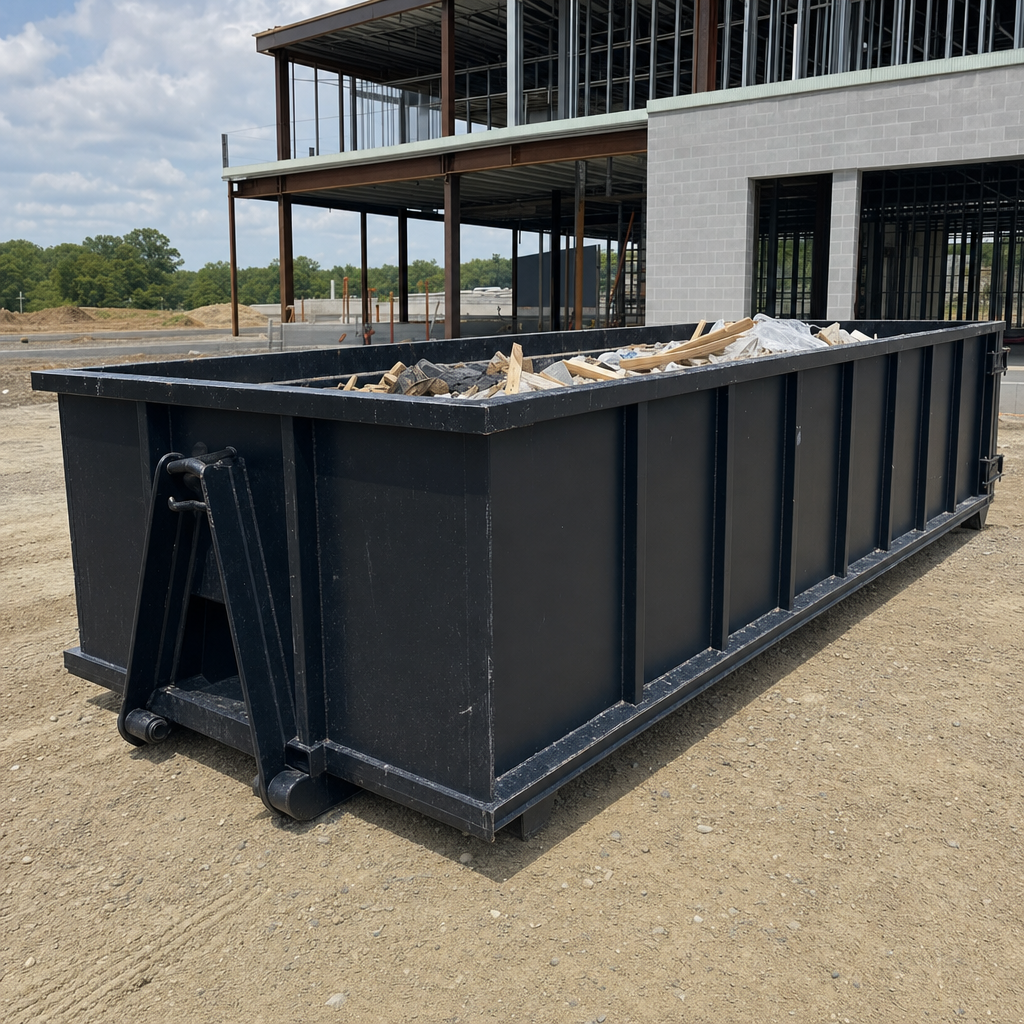 A matte-black 40-yard roll-off dumpster staged on a large Bismarck commercial construction lot, with a hooklift delivery truck parked alongside under bright midday sky.