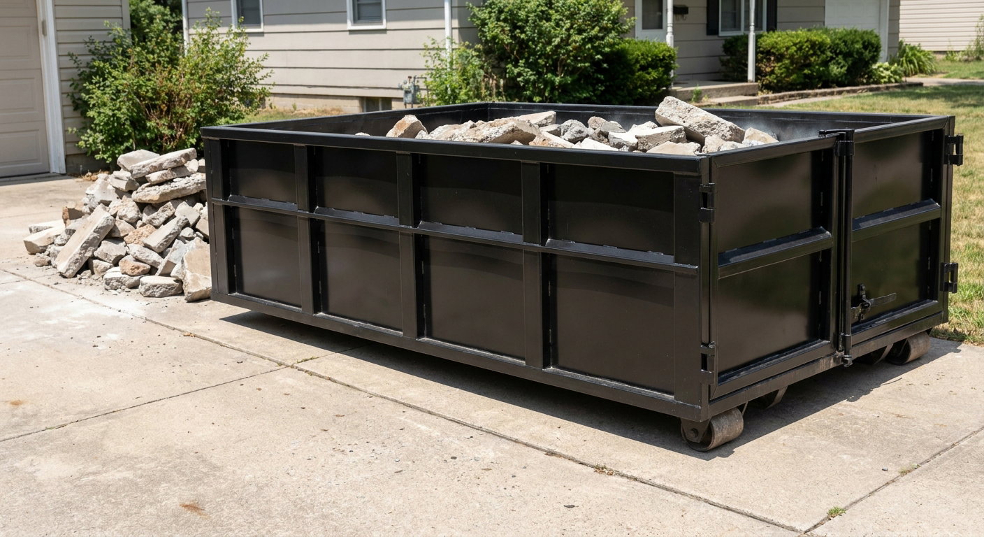 A matte-black low-side heavy-debris roll-off dumpster placed directly on a Bismarck concrete driveway, with broken concrete chunks neatly stacked beside it under clean daylight.